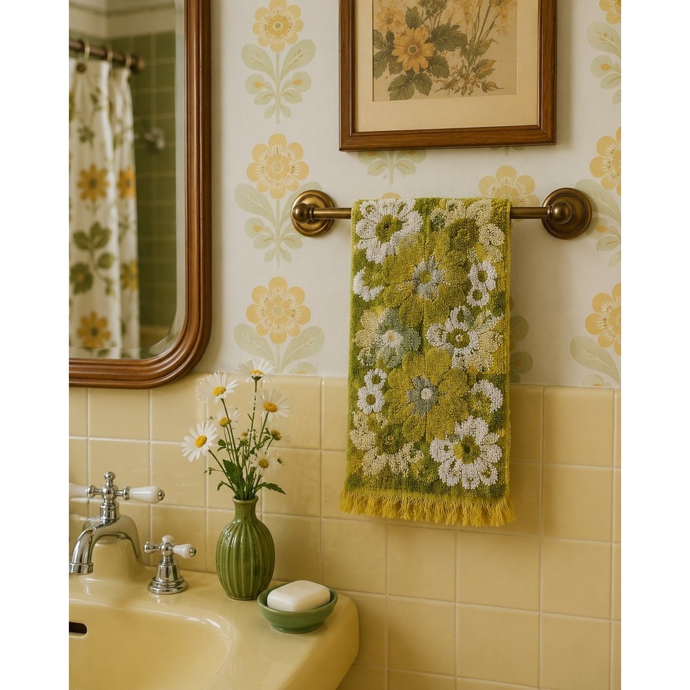 Vintage 1970s Floral Hand Towel Green White Fringe Retro Bathroom Cottage Decor